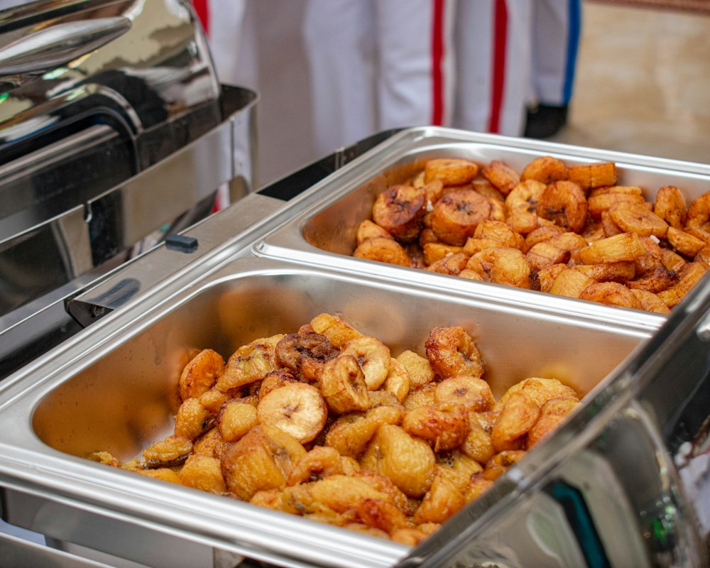 Catering trays of rice and plantain