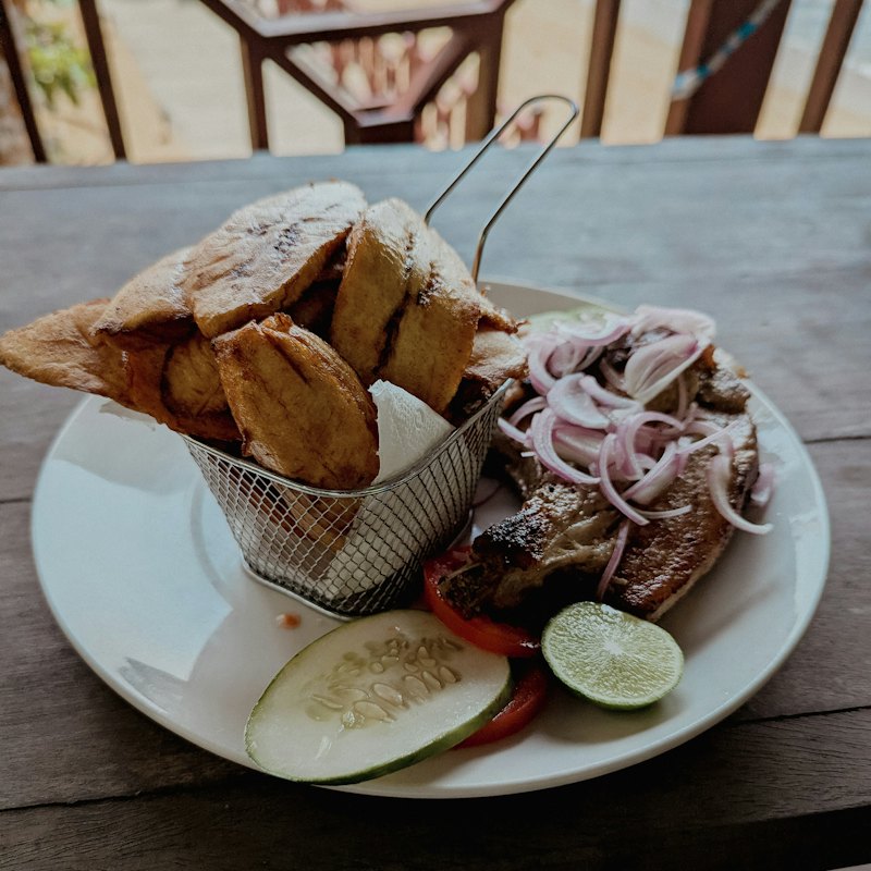 Grilled fish with fried plantain